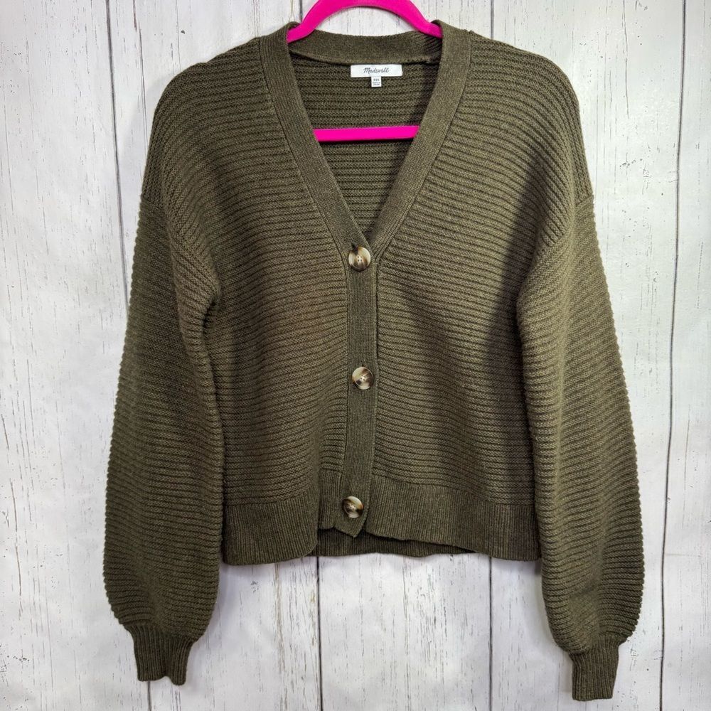 Madewell Womens Merino Wool Blend Cardigan Olive Green Ballon Sleeves Cozy
